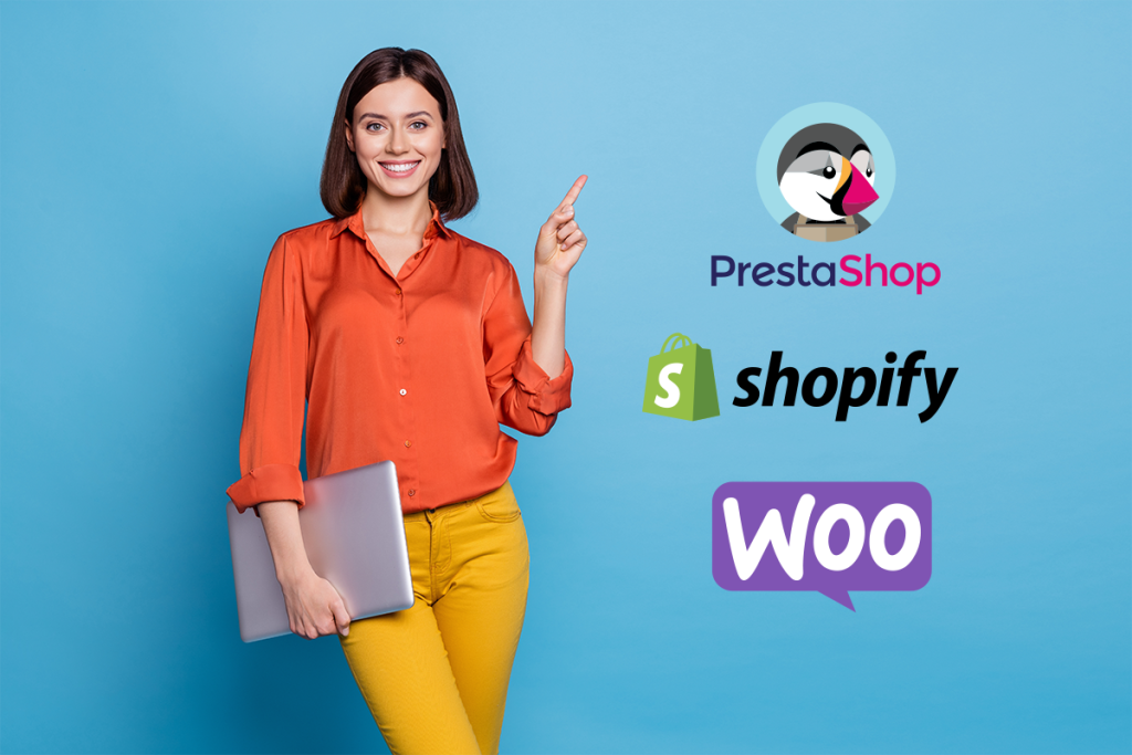 Plug-in GLS per Shopify, Prestashop e WooCommerce Donna sorridente con laptop in mano indica i loghi di PrestaShop, Shopify e WooCommerce su sfondo azzurro. L’immagine rappresenta l’integrazione dei nuovi plug-in GLS per le principali piattaforme di e-commerce, che semplificano la gestione delle spedizioni e dei ritiri.