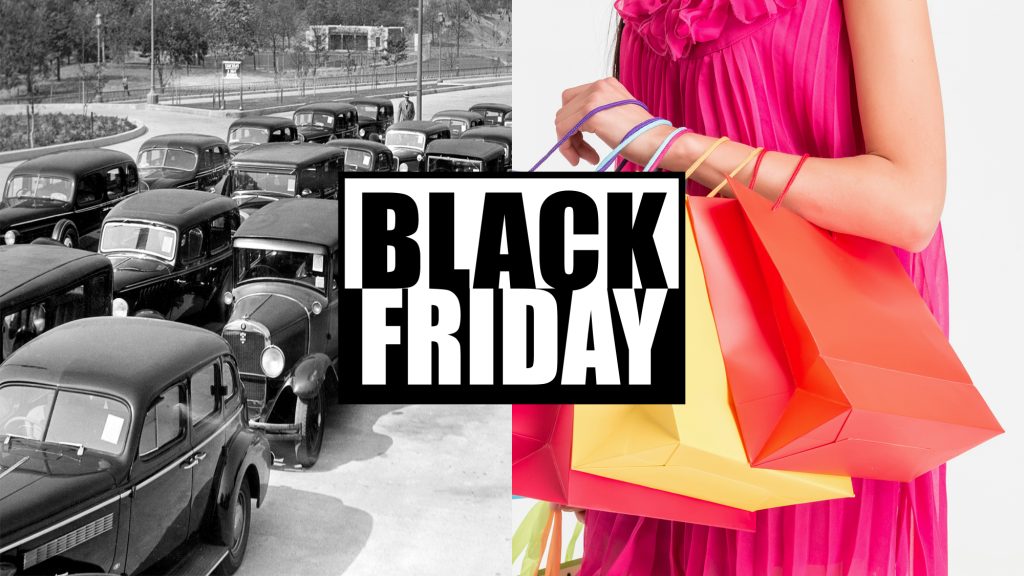 Un’immagine divisa in due con il testo “Black Friday” al centro. Il lato sinistro rappresenta un’auto d'epoca degli anni ’60. Il lato destro rappresenta una donna con in mano tante borse da shopping colorate.