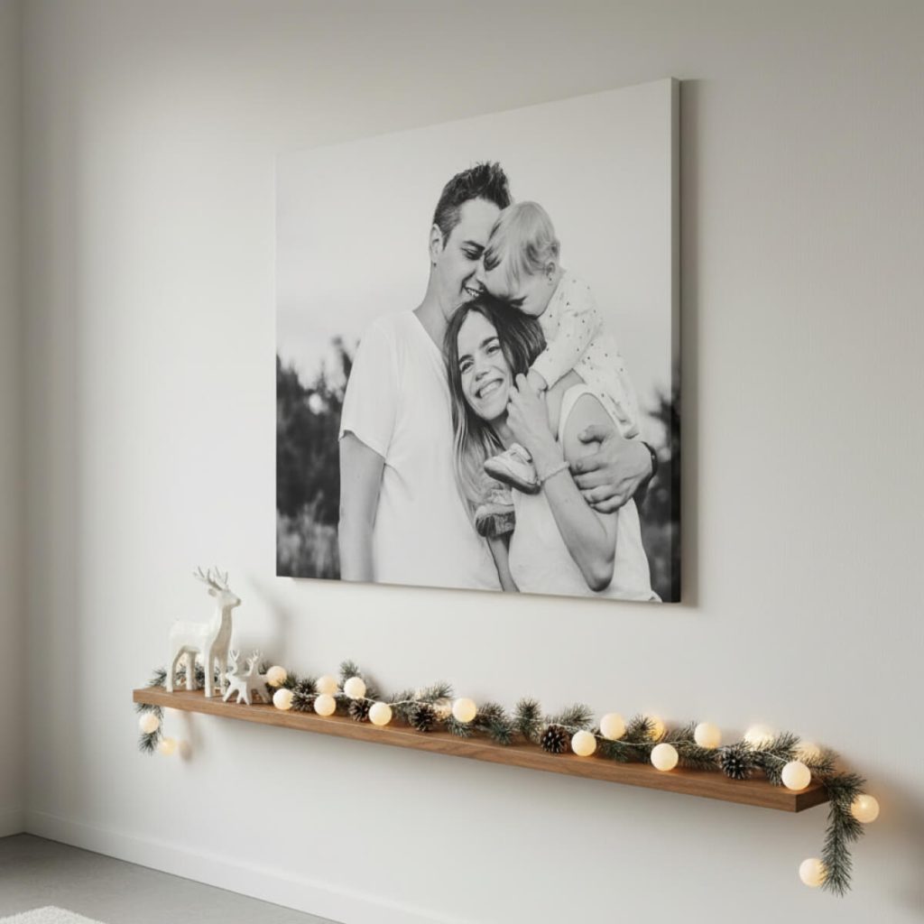 Una grande foto in bianco e nero di una famiglia sorridente è appesa a una parete bianca. Sotto, una mensola è decorata con una ghirlanda illuminata e statuine di cervi bianchi, creando un'atmosfera accogliente.