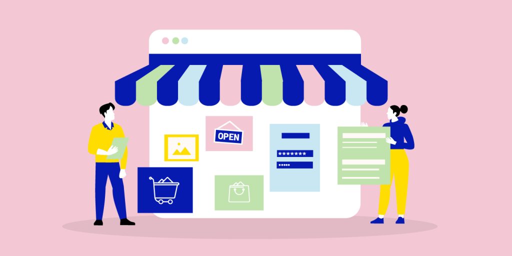 Illustrazione di due persone che interagiscono con l'icona di un grande negozio online, vicino a un cartello con un carrello della spesa e una borsa, che richiamano l'e-commerce.