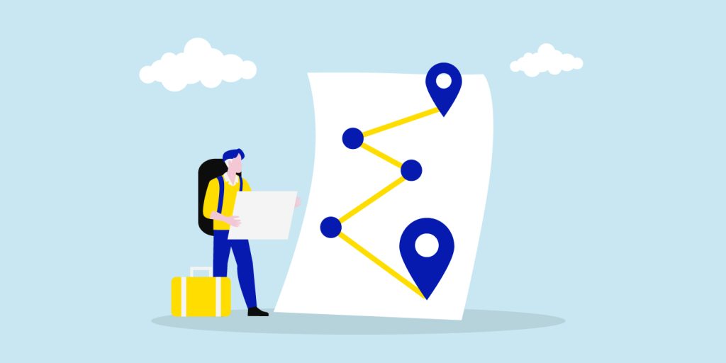 Illustrazione di un viaggiatore con zaino e valigia, che tiene in mano una mappa e davanti a lui un percorso a zig-zag con 5 segnaposti giganti.