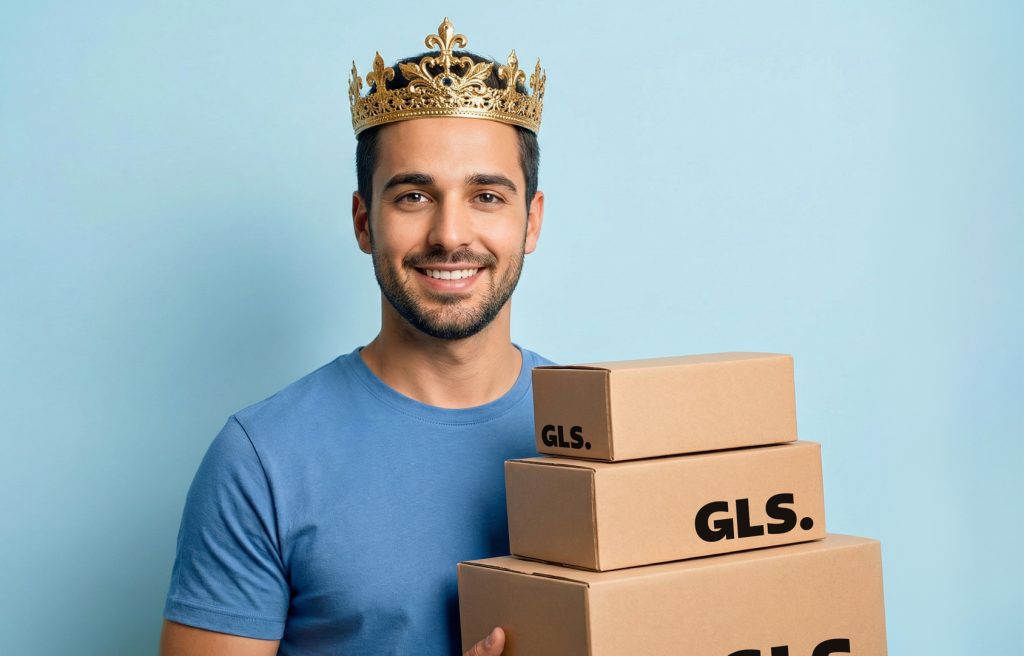 Un uomo sorridente con una corona d'oro in testa tiene tre scatole da spedizione impilate con la scritta GLS su ciascuna. L’atmosfera è allegra e stravagante.